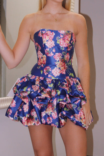 Floral Print Strapless Bubble Skirt Mini Dress