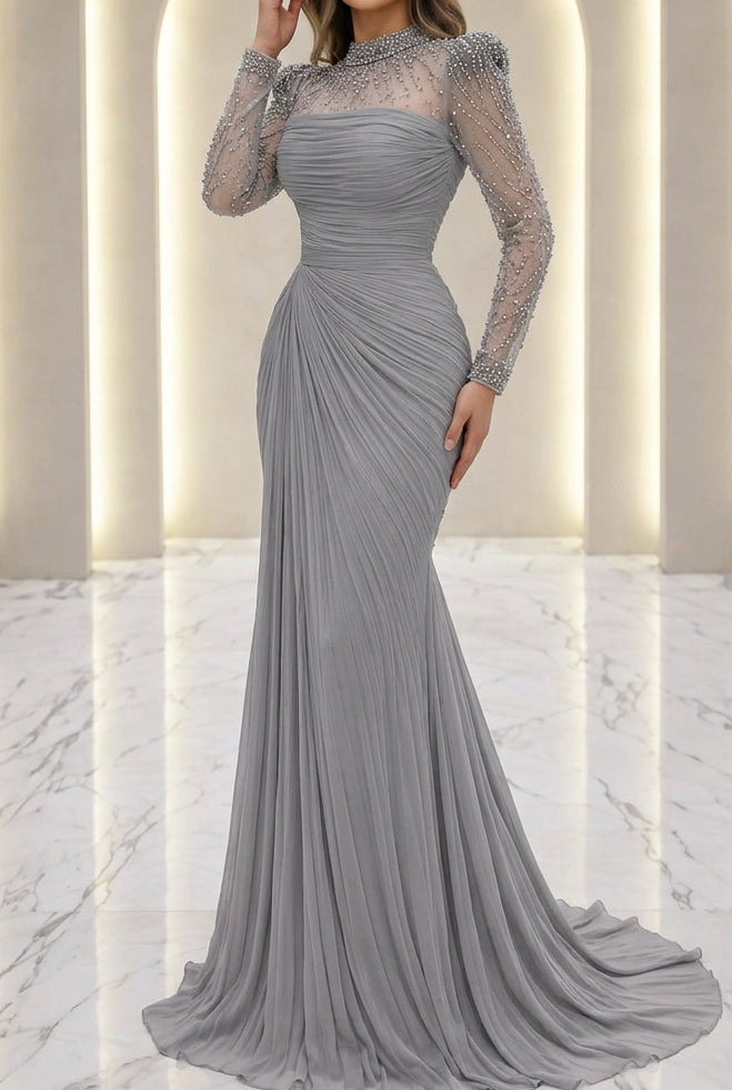 Ruched Long Sleeve Evening Dress with Beaded Illusion Neck