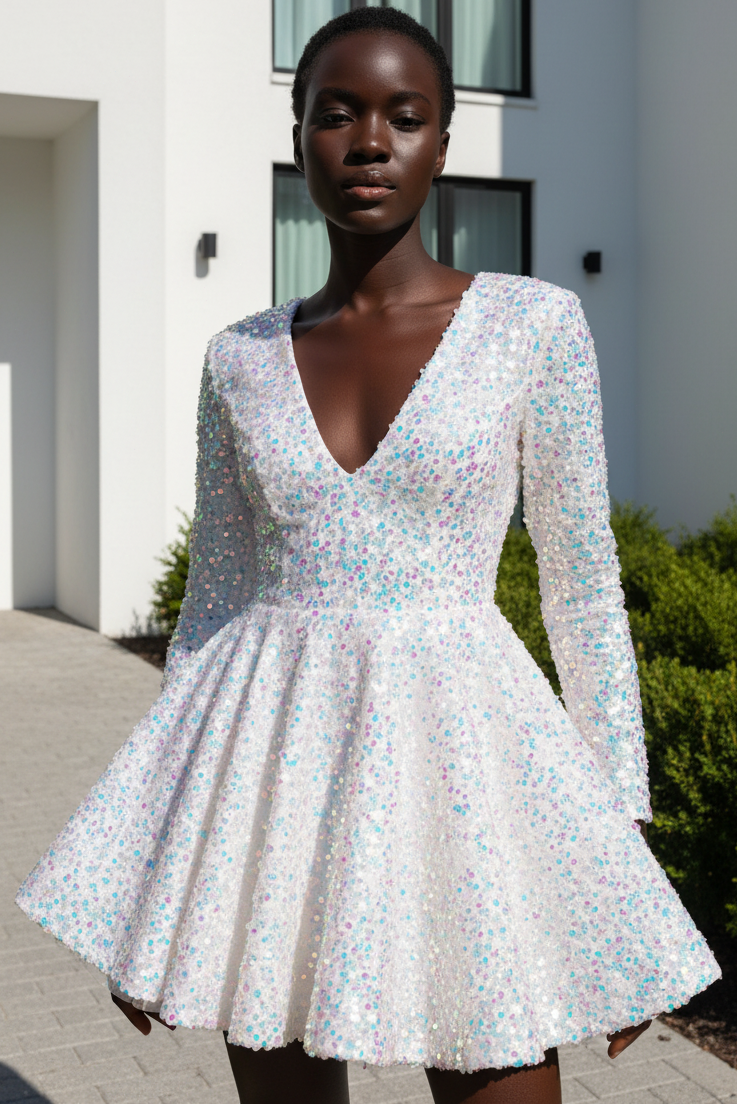 Long Sleeve Deep V-Neck Sequin Fit and Flare Mini Dress