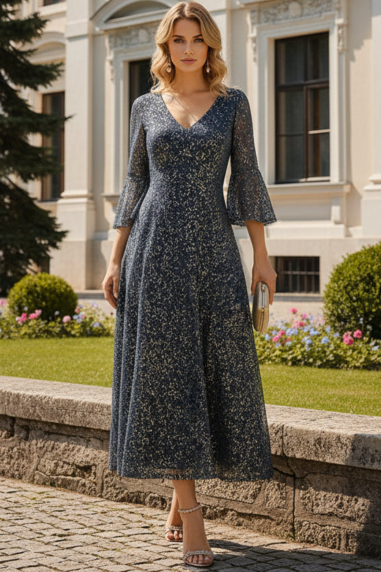 Beaded V-Neck Midi A-Line Dress