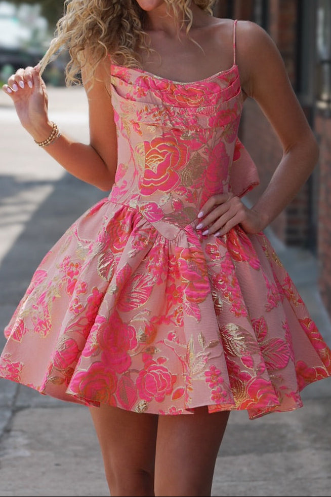 Floral Jacquard Fit and Flare Mini Party Dress