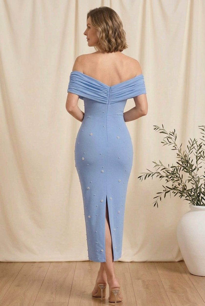 Ruched Off-the-Shoulder Pearl Beaded Midi Dress