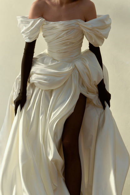 Off-the-Shoulder Draped Gown with High Slit