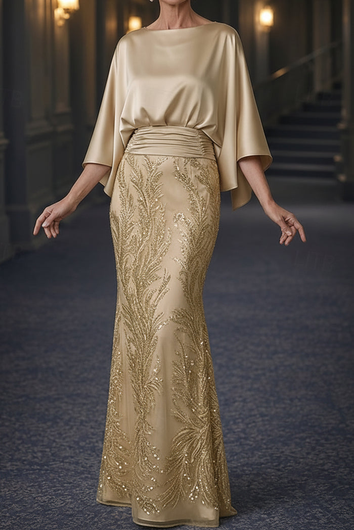 Bateau Neck Cape Sleeve Sequin Evening Dress