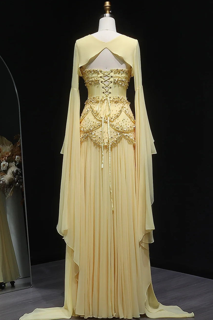 Beaded Corset Evening Gown with Bell Sleeves