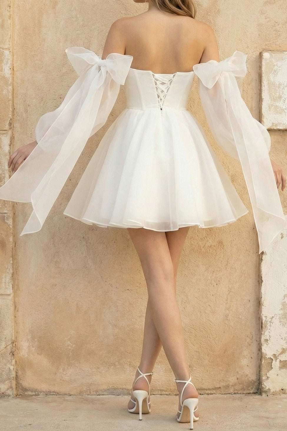 Strapless Mini Dress with Sheer Puff Sleeves