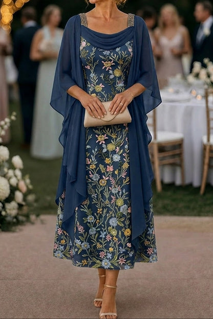 Embroidered Floral Midi Dress with Chiffon Cape
