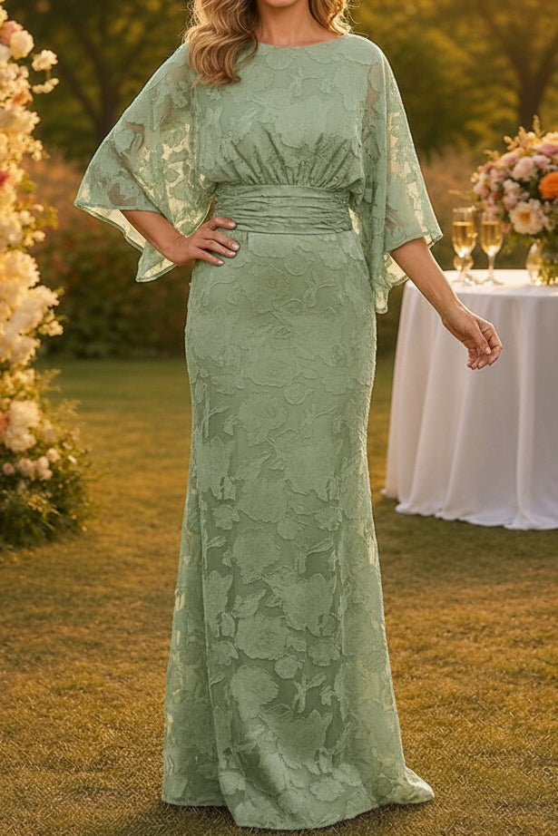 Floral Lace Sheath Gown with Bell Sleeves & V-Back