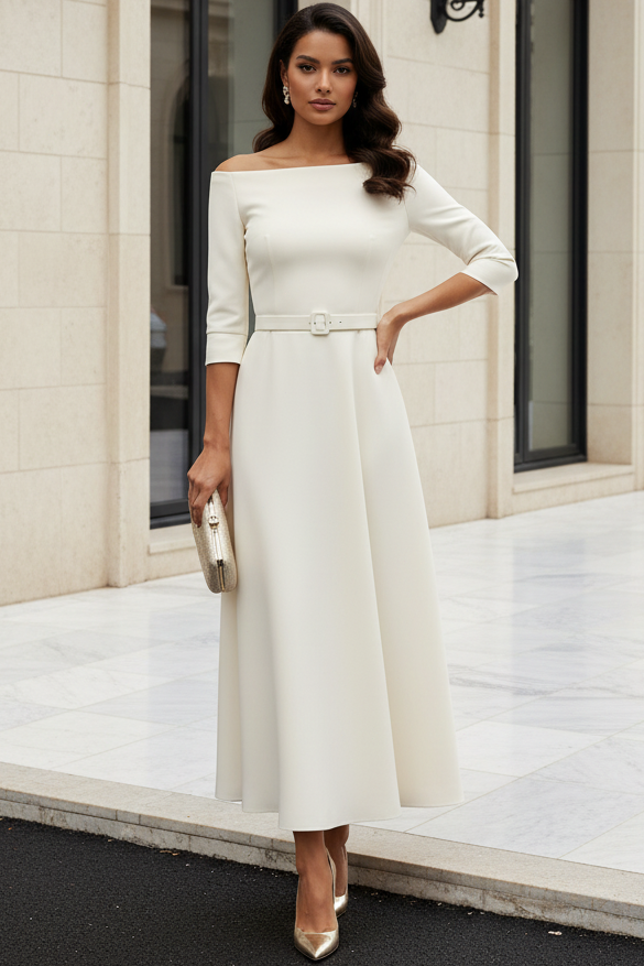 Off-the-Shoulder A-Line Crepe Midi Dress with Belt