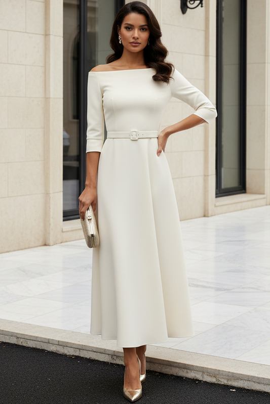 Off-the-Shoulder A-Line Crepe Midi Dress with Belt