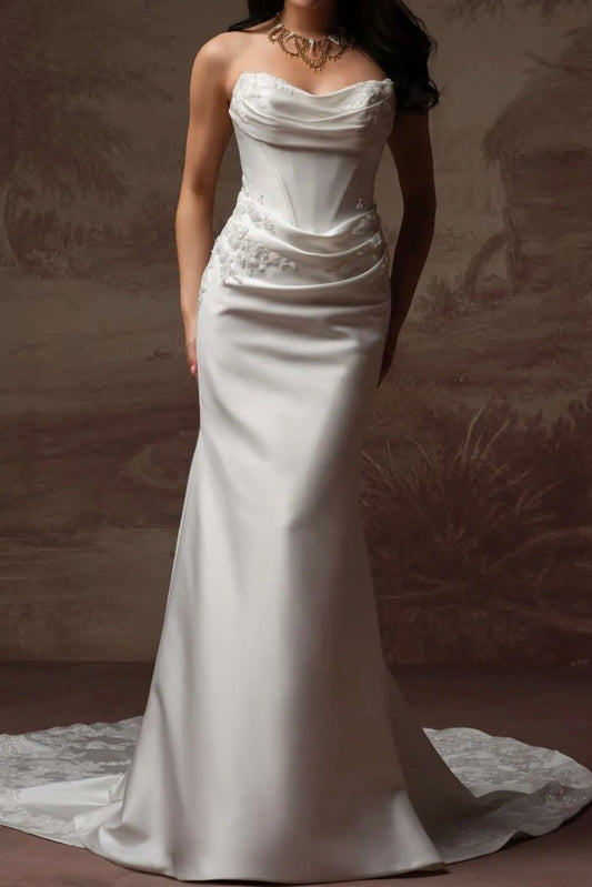 Strapless Ruched Corset Satin Wedding Dress