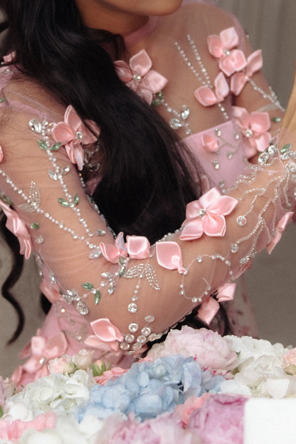 3D Floral Sheer Long Sleeve Floor-Length Gown