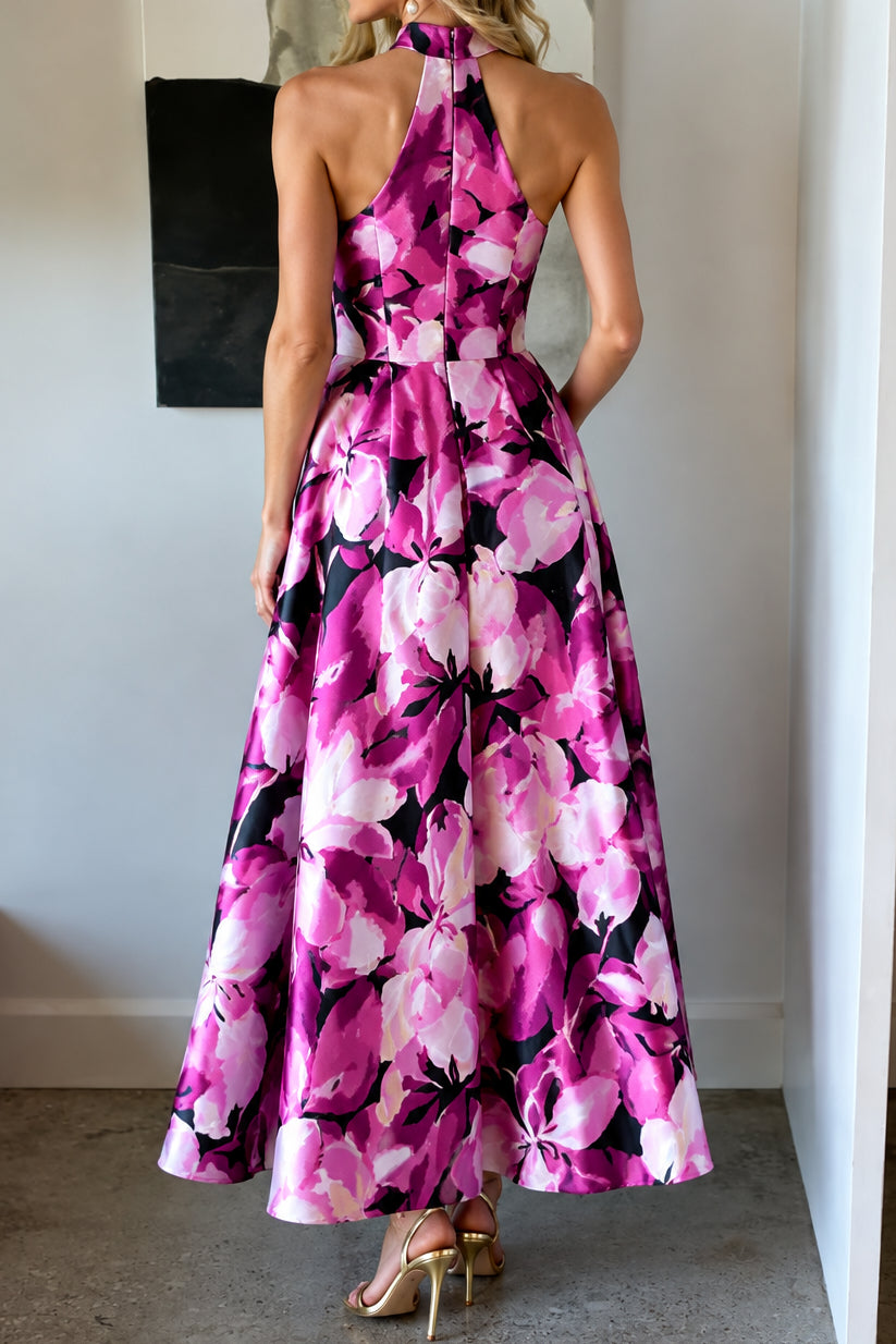 Floral Halter Midi Dress with A-Line Skirt