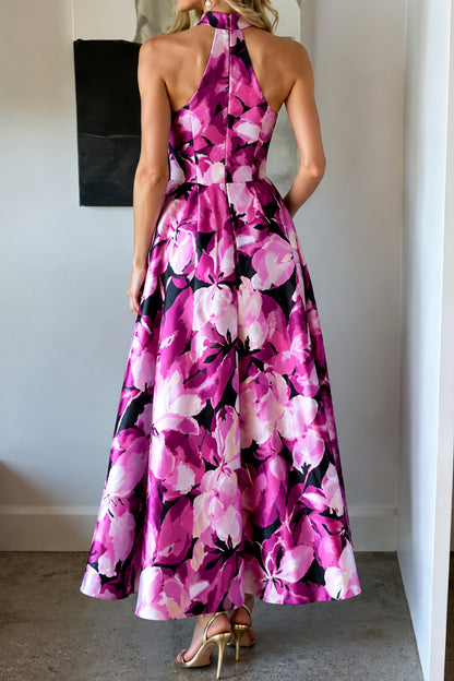 Floral Halter Midi Dress with A-Line Skirt