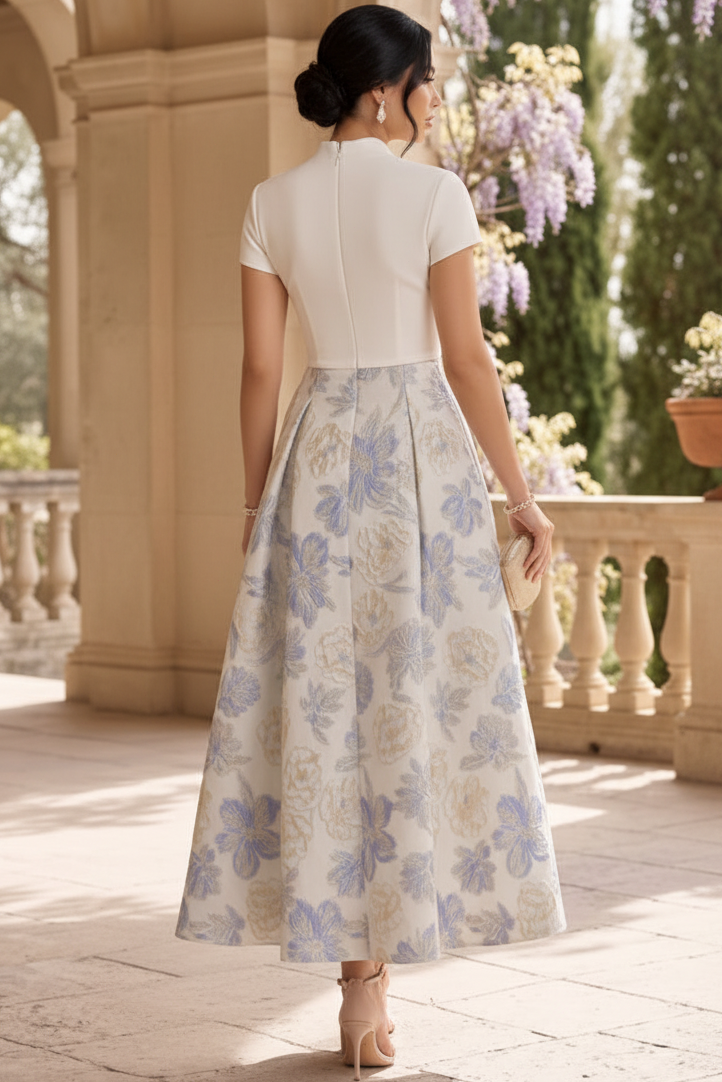 Elegant A-Line Floral Jacquard Midi Dress