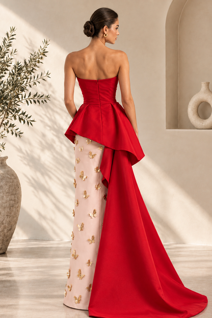 Strapless Peplum Evening Gown with Train