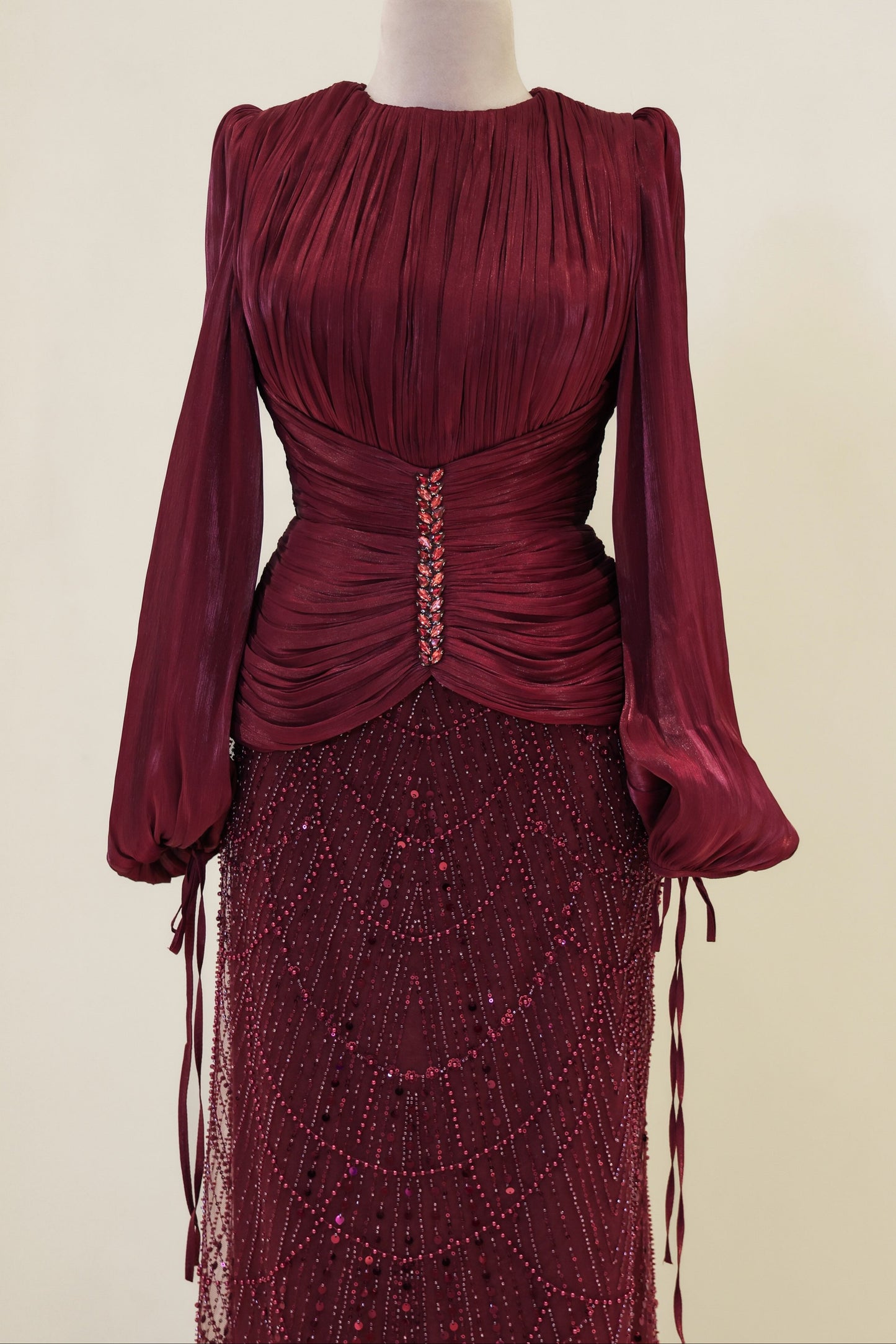 Long Sleeve Sequin Beaded Gown with Pleated Satin Bodice