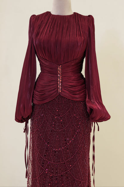 Long Sleeve Sequin Beaded Gown with Pleated Satin Bodice