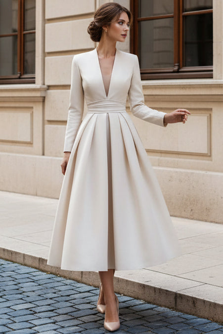 Long Sleeve Pleated A-Line Midi Formal Dress