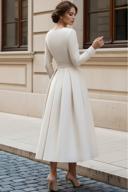 Long Sleeve Pleated A-Line Midi Formal Dress