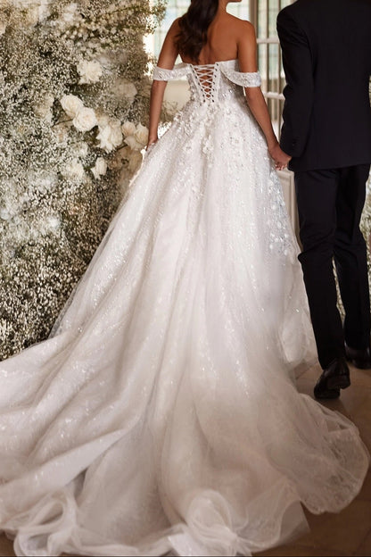 Off-Shoulder Corset A-Line Wedding Dress with Slit