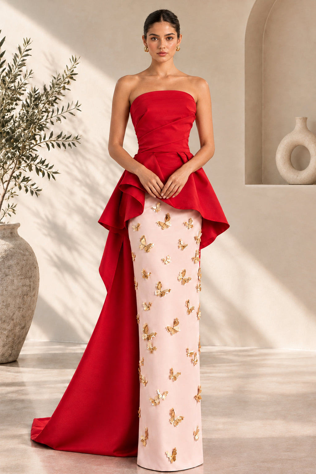 Strapless Peplum Evening Gown with Train