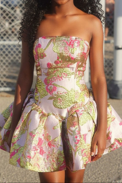Strapless Metallic Jacquard Bubble Skirt Mini Dress
