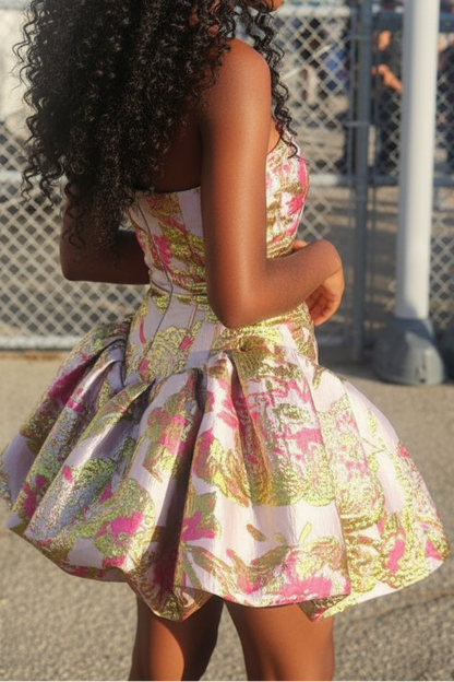 Strapless Metallic Jacquard Bubble Skirt Mini Dress