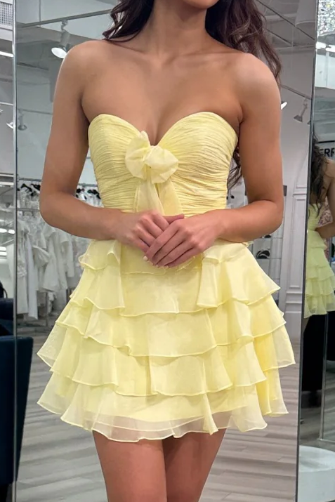 Strapless Tiered Ruffle Mini Dress with Bow