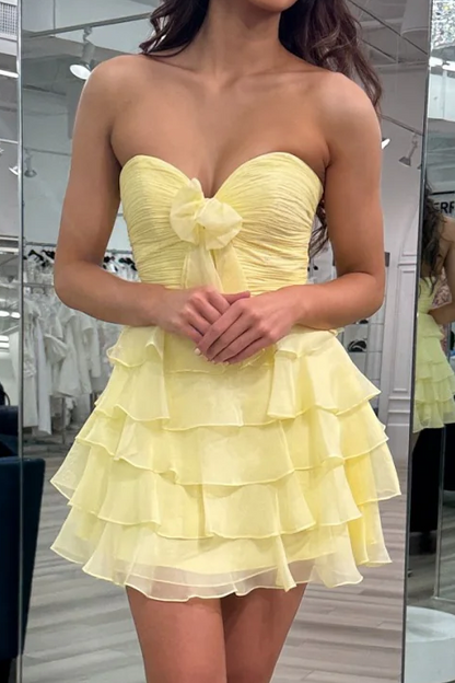 Strapless Tiered Ruffle Mini Dress with Bow
