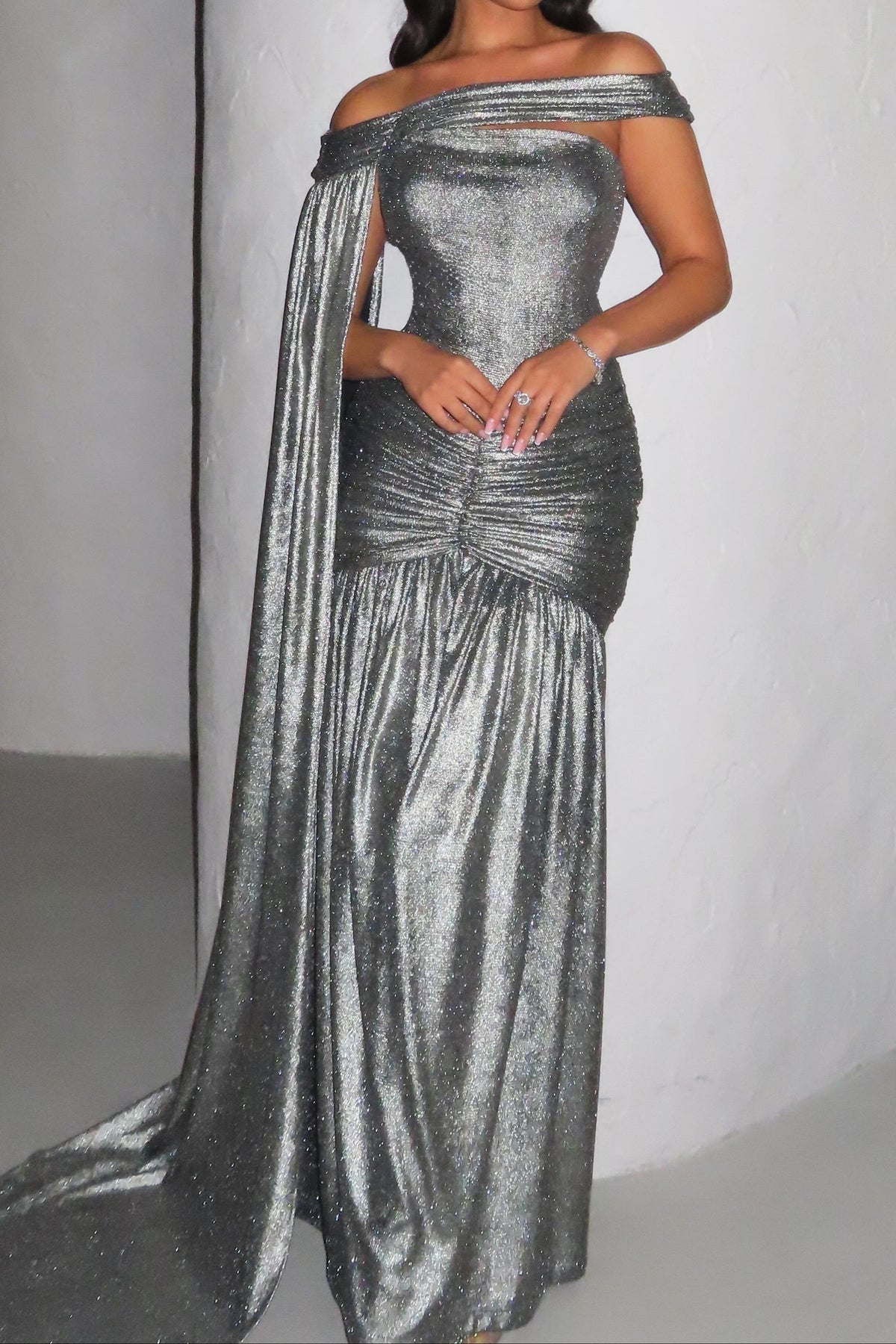 Metallic Off-Shoulder Gown with Cape Drape