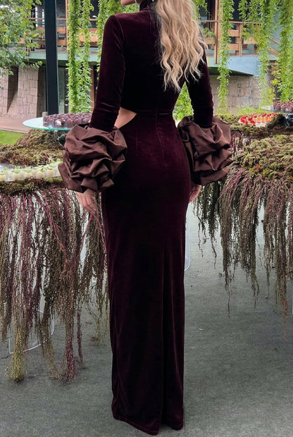 Cut-Out Velvet Column Gown with Ruffle Cuffs