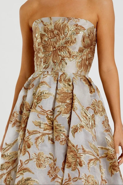 Strapless Metallic Floral Jacquard Midi Dress