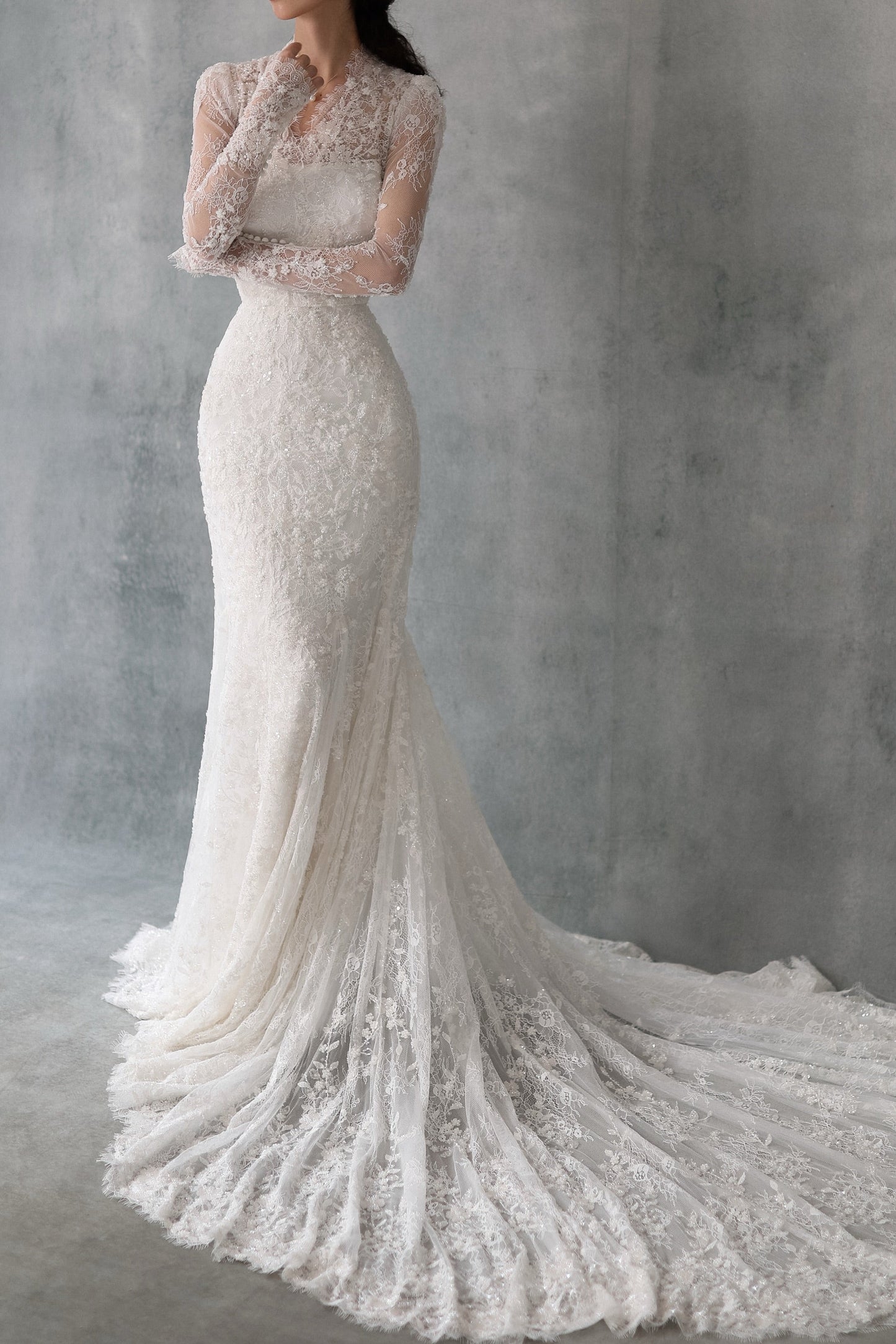 High-Neck Long-Sleeve Lace Fit and Flare Wedding Dress