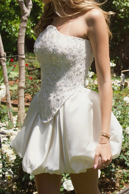 Strapless Beaded Corset Bubble Skirt Mini Wedding Dress
