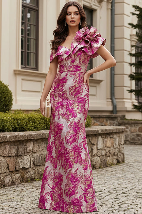 Asymmetrical Floral Jacquard One-Shoulder Evening Gown