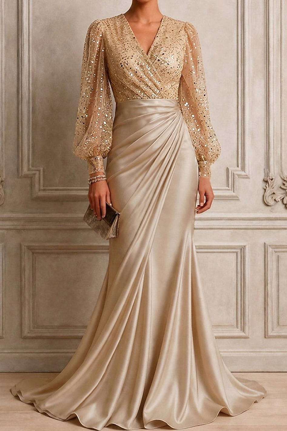 Sequin Bishop Sleeve Ruched Satin Evening Gown