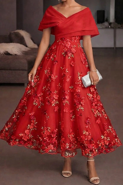 Off-Shoulder 3D Floral Tea-Length Evening Dress