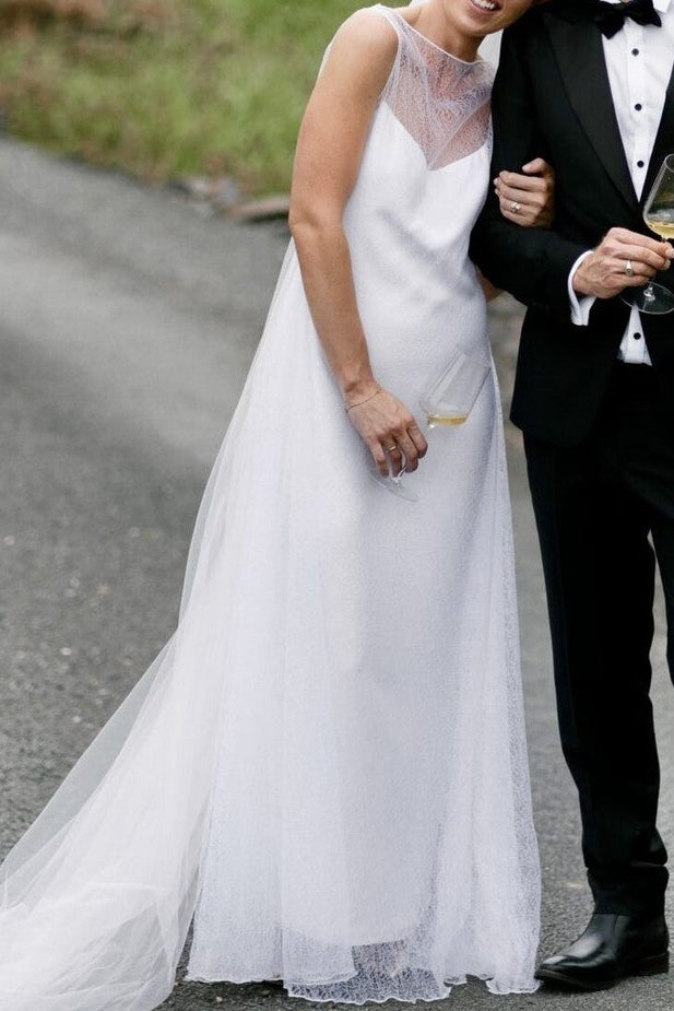 Sleeveless Illusion Bateau Sheath Wedding Dress
