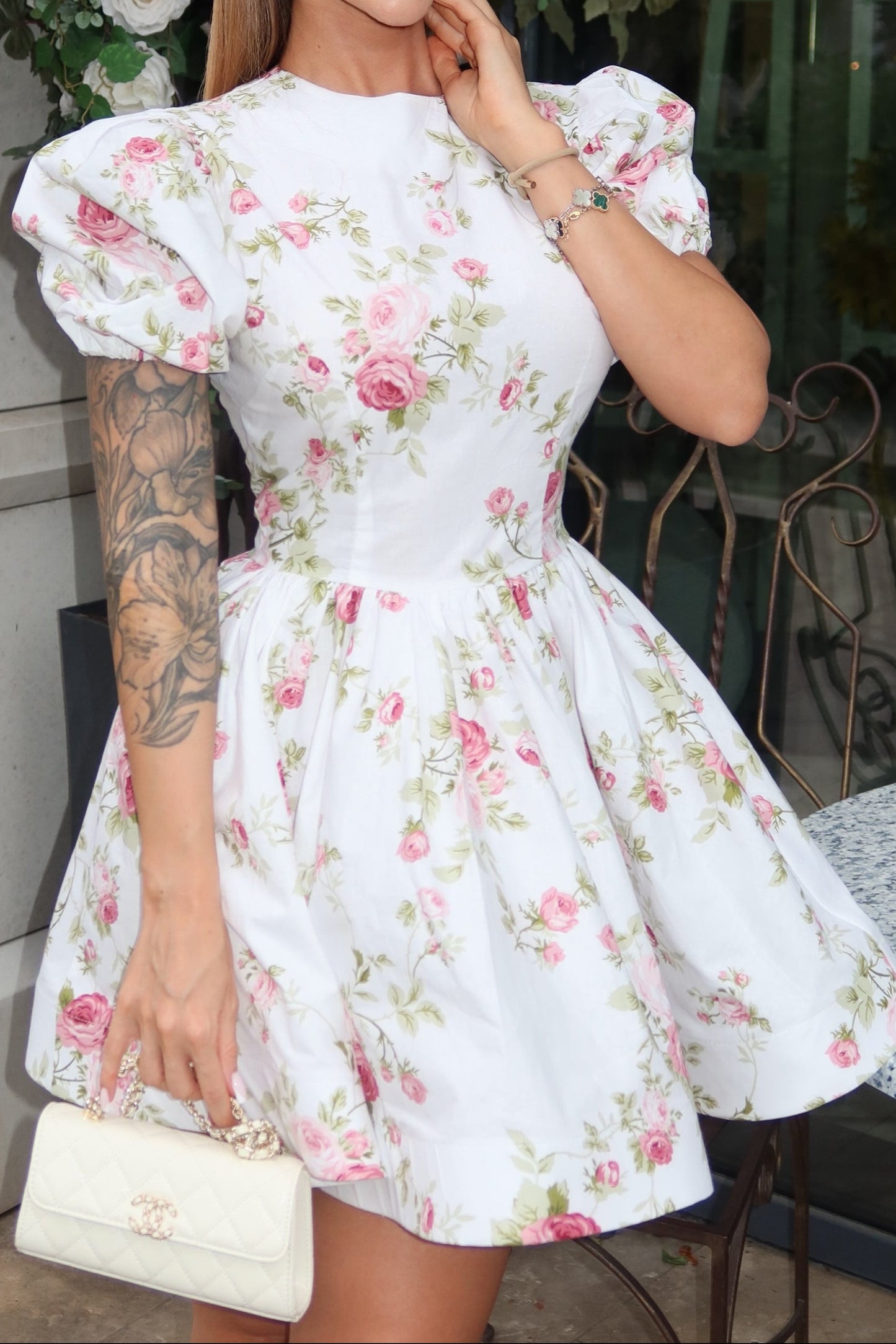 High Neck Floral Puff Sleeve Fit and Flare Mini Dress