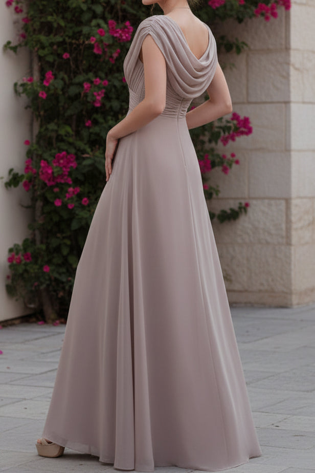 Cowl Neck Ruched Draped Chiffon Evening Gown