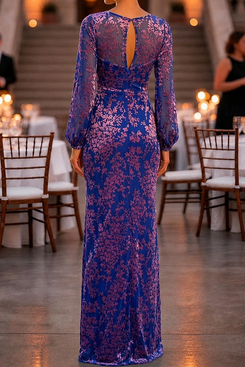 Illusion Neck Long Sleeve Floral Burnout Gown