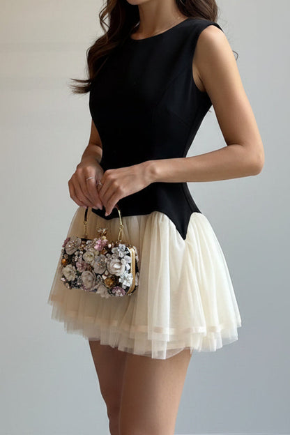 Sleeveless Basquewaste Tulle Mini Dress