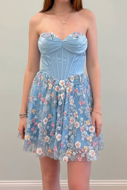 Strapless Corset Mini Dress with 3D Floral Skirt