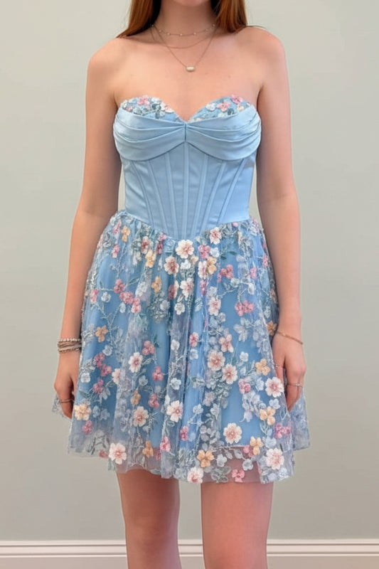 Strapless Corset Mini Dress with 3D Floral Skirt