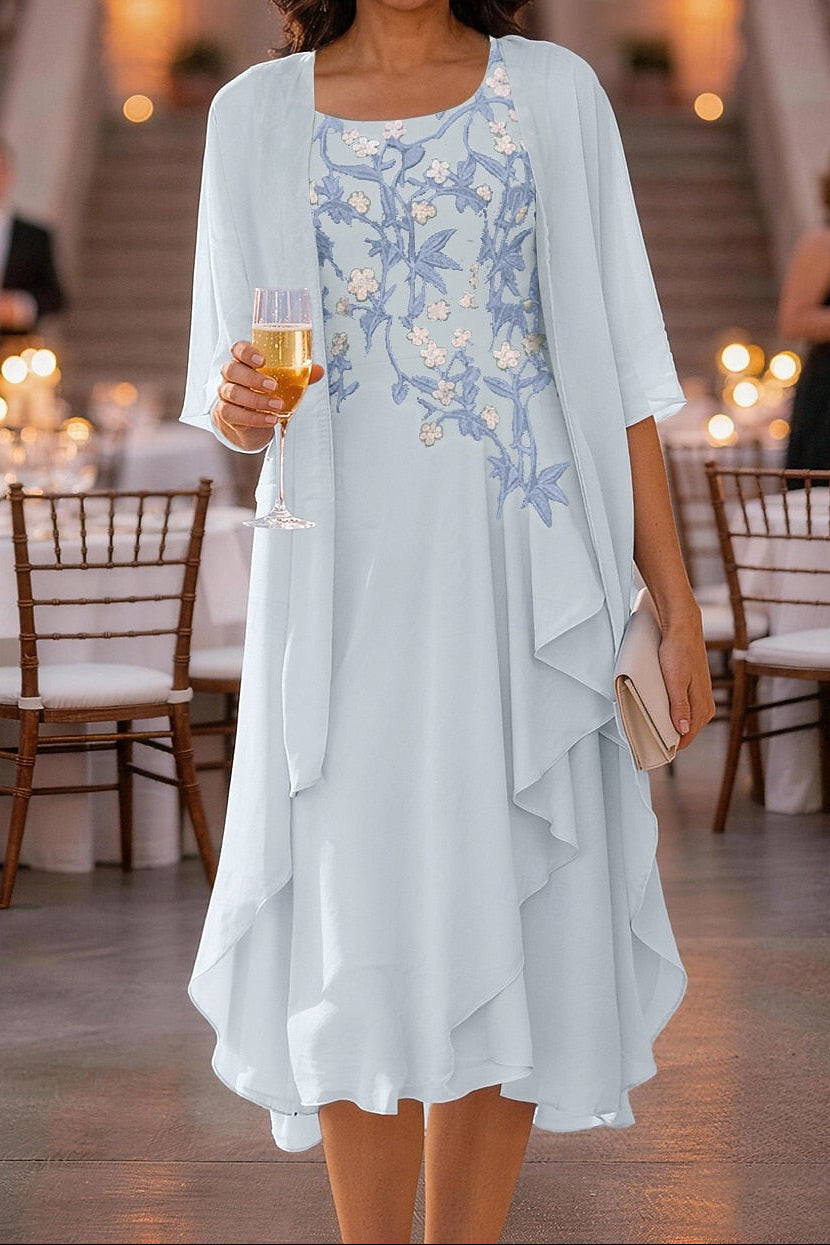Embroidered Midi Dress with Sheer Jacket