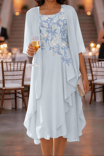 Embroidered Midi Dress with Sheer Jacket