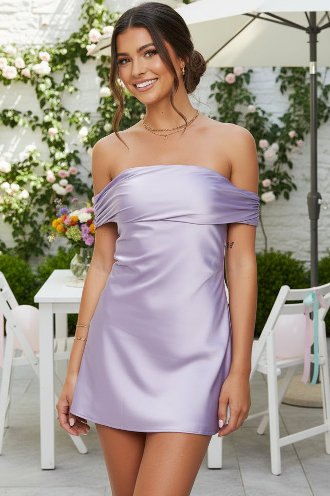 Off-the-Shoulder Satin Mini Dress with Tie Back