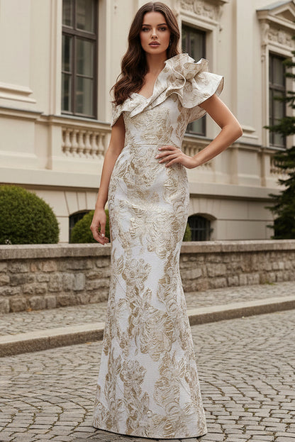 Asymmetrical Floral Jacquard One-Shoulder Evening Gown