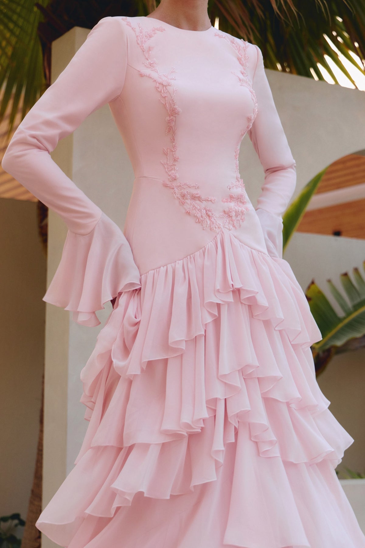 Tiered Ruffle Gown with Flared Cuffs
